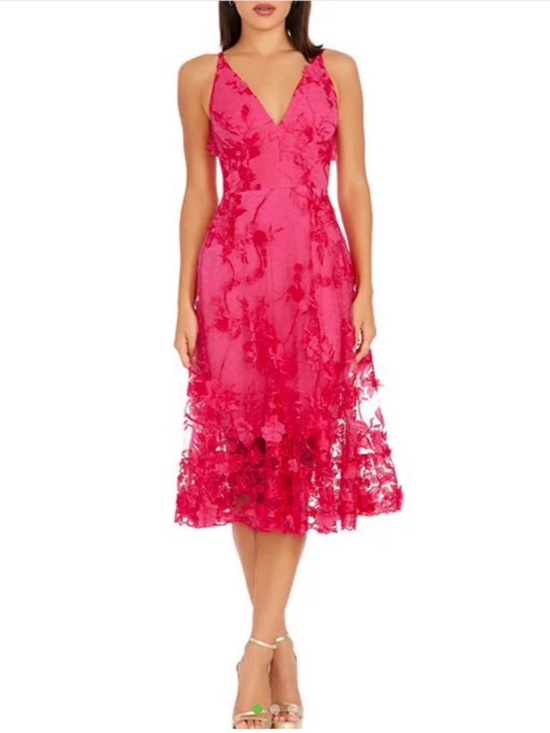 Dress the Population Dresses & Skirts - NWT - Dress the Population Fuchsia Floral V-Neck Lace Overlay Midi Dress